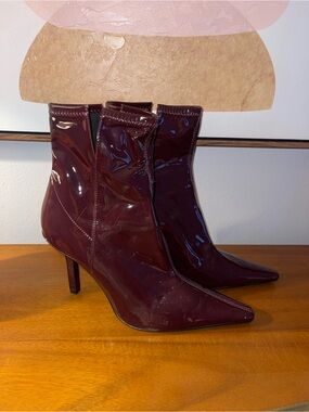 Zara Patent Faux Patent Leather Pointed-Toe Ankle Boots in Deep Wine/Burgundy